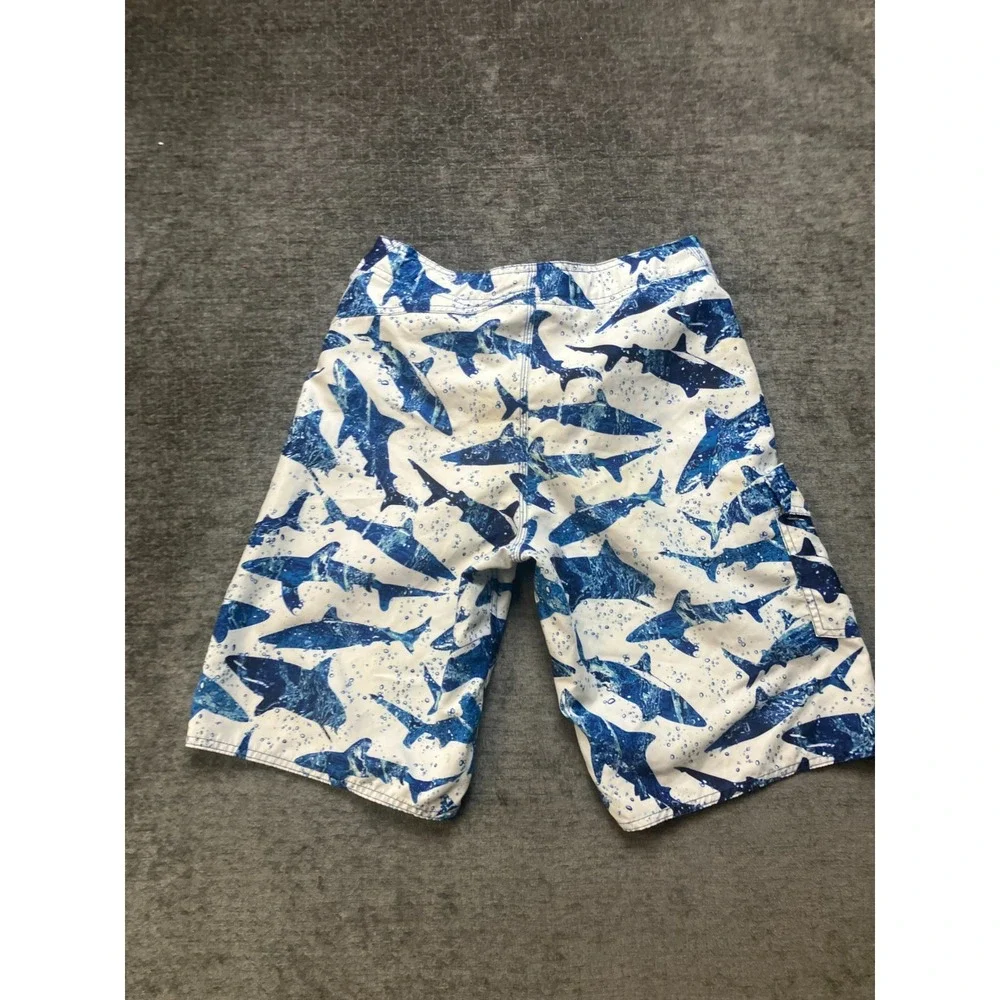 L.L. Bean Swim Trunks Boys 18 White Blue Shark Print Beach Wear Drawstring Waist